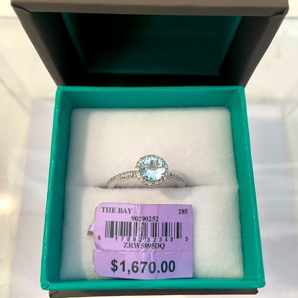 Effy 14k White Gold Aquamarine Ring With Diamonds - Picture 1 of 2